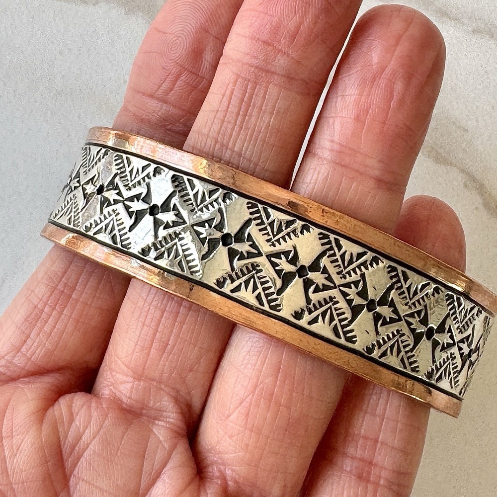 Mens Navajo Sterling Copper Cuff Bracelet 7.5in Signed Heavy 90g Native American